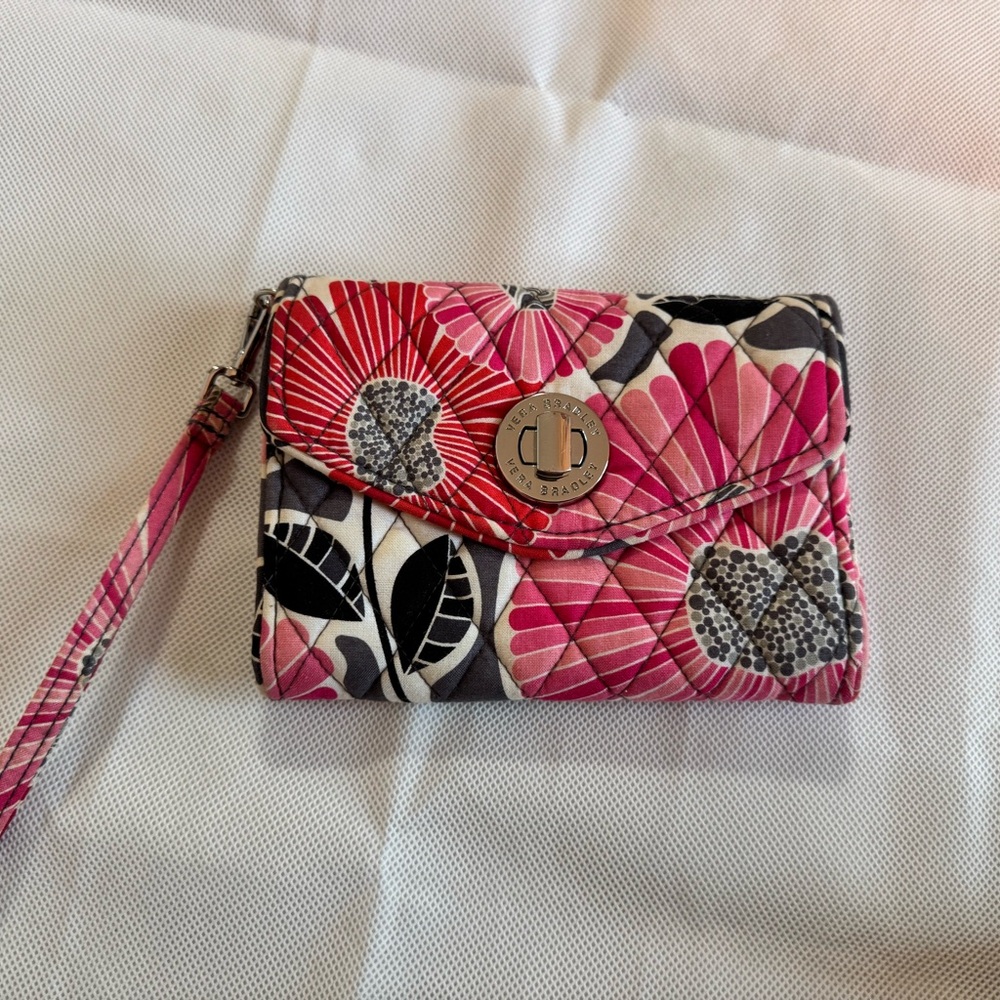 Vera Bradley Pink and Black Floral Quilted Wristlet